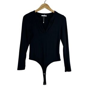 REORIA Womens Black‎ Ribbed Long Sleeve Notched V-Neck Bodysuit Size M